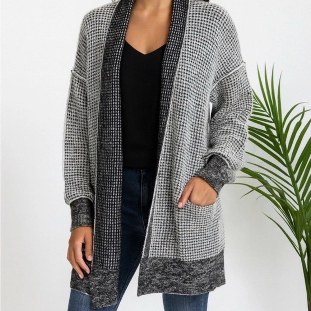Women's Long Sweater Sz Med Cardigan Black White Open Knit Boho Indie Whimsigot